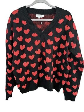Lili Sidonio by Molly Bracken Black & Red Heart V-Neck Sweater Sz L/XL NWT